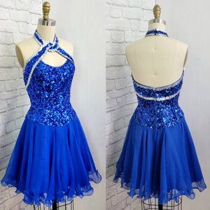 Vintage Dress 1980s 90s blue Silver Formal Prom Party Dress Halter  XS